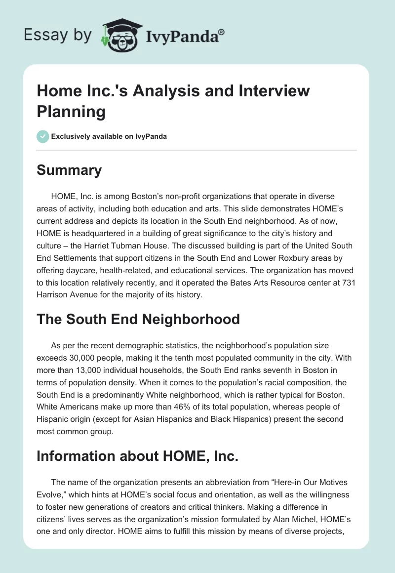 Home Inc.'s Analysis and Interview Planning. Page 1