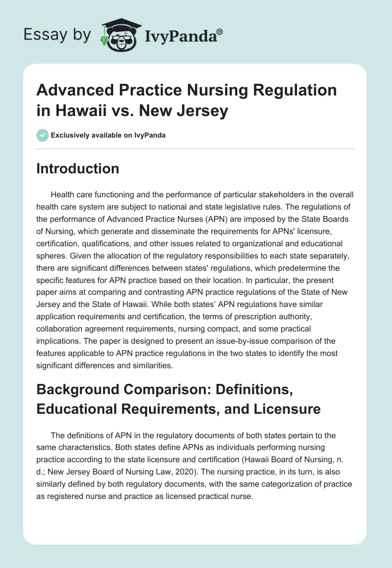 Advanced Practice Nursing Regulation in Hawaii vs. New Jersey. Page 1