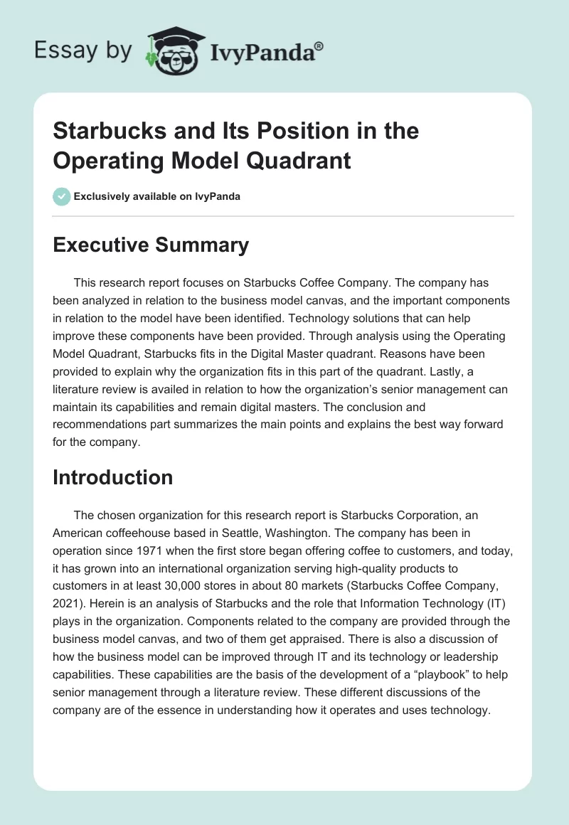 Starbucks and Its Position in the Operating Model Quadrant. Page 1