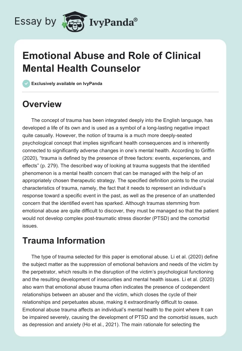Emotional Abuse and Role of Clinical Mental Health Counselor. Page 1