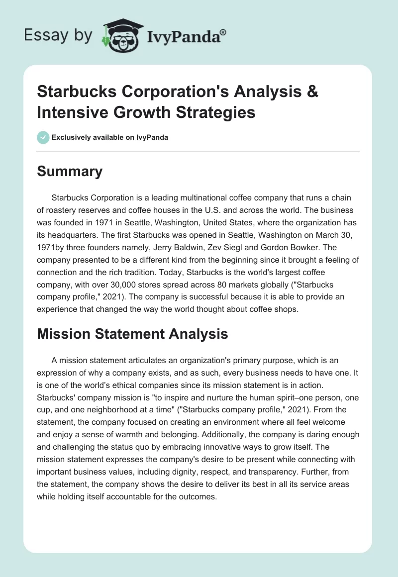Starbucks Corporation's Analysis & Intensive Growth Strategies. Page 1