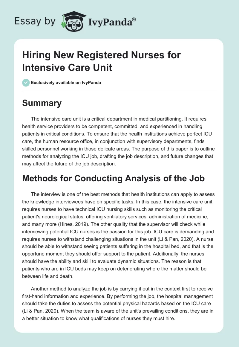 Hiring New Registered Nurses for Intensive Care Unit. Page 1