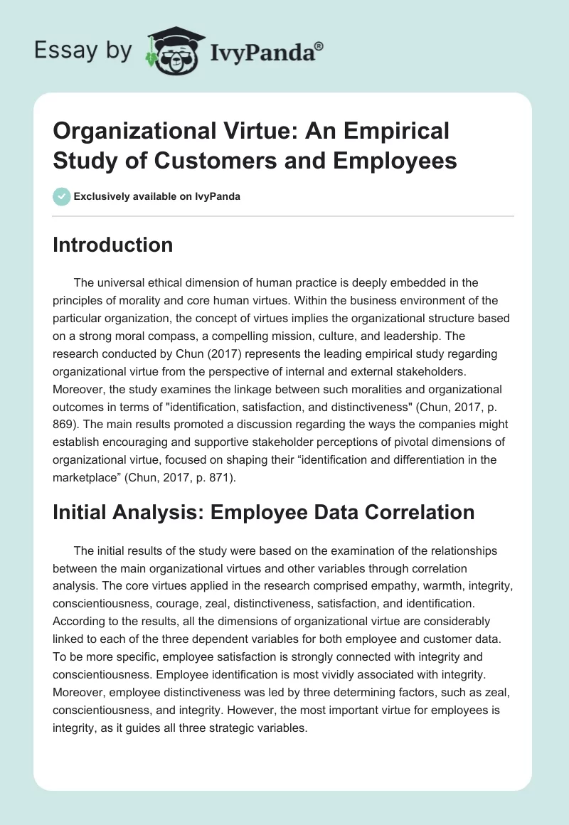 Organizational Virtue: An Empirical Study of Customers and Employees. Page 1