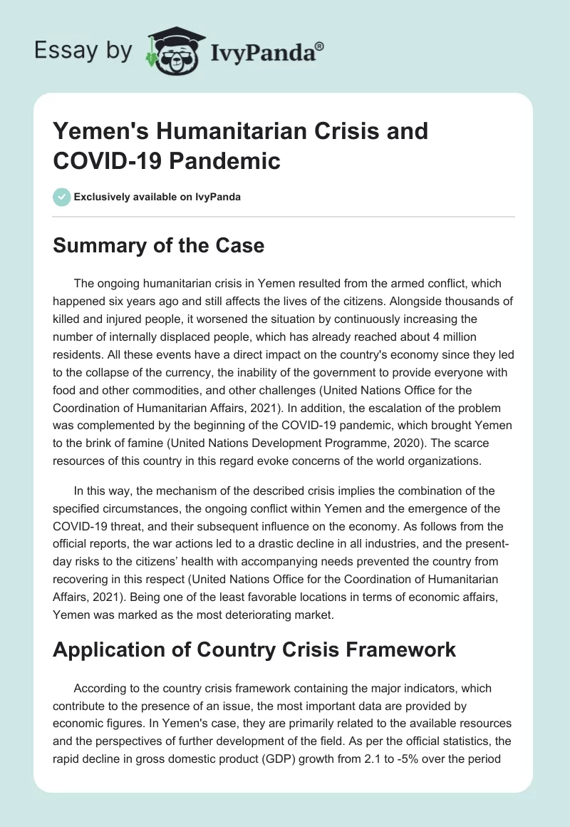 Yemen's Humanitarian Crisis and COVID-19 Pandemic. Page 1