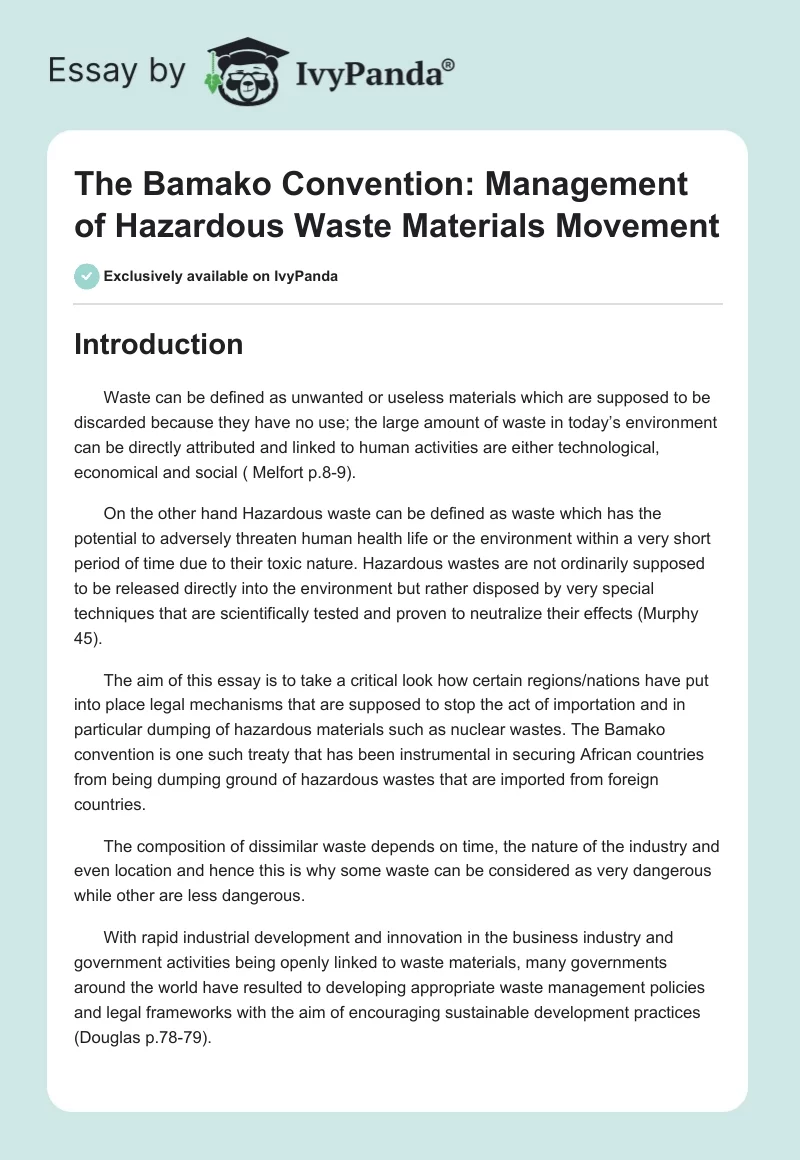 The Bamako Convention: Management of Hazardous Waste Materials Movement. Page 1