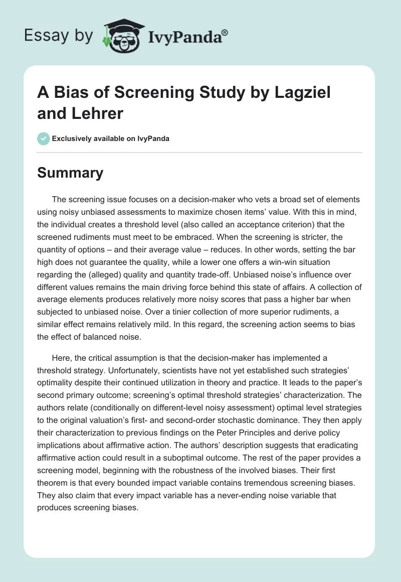 A Bias of Screening Study by Lagziel and Lehrer. Page 1