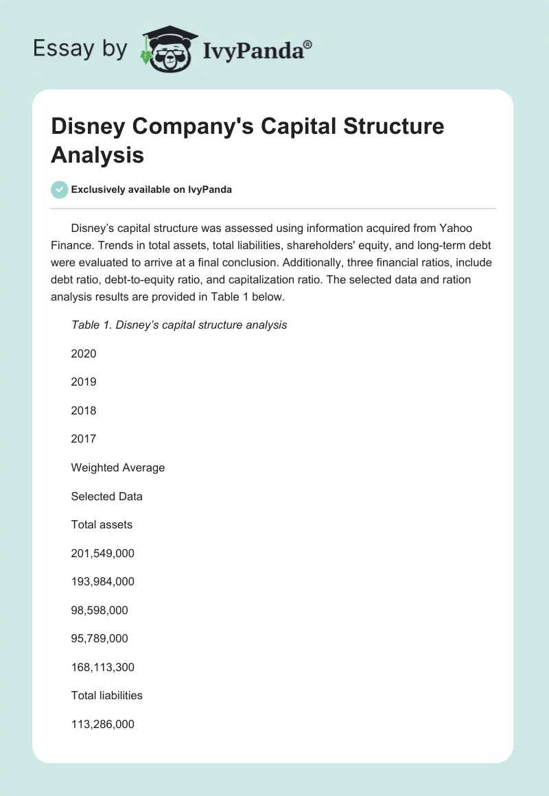 Disney Company's Capital Structure Analysis. Page 1