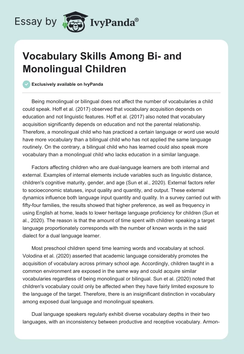 Vocabulary Skills Among Bi- and Monolingual Children. Page 1