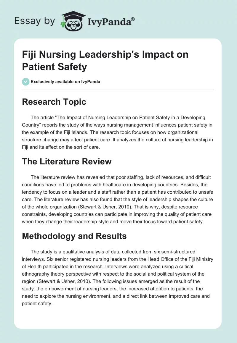 Fiji Nursing Leadership's Impact on Patient Safety. Page 1