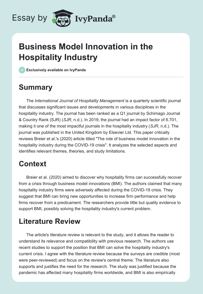 Business Model Innovation in the Hospitality Industry. Page 1