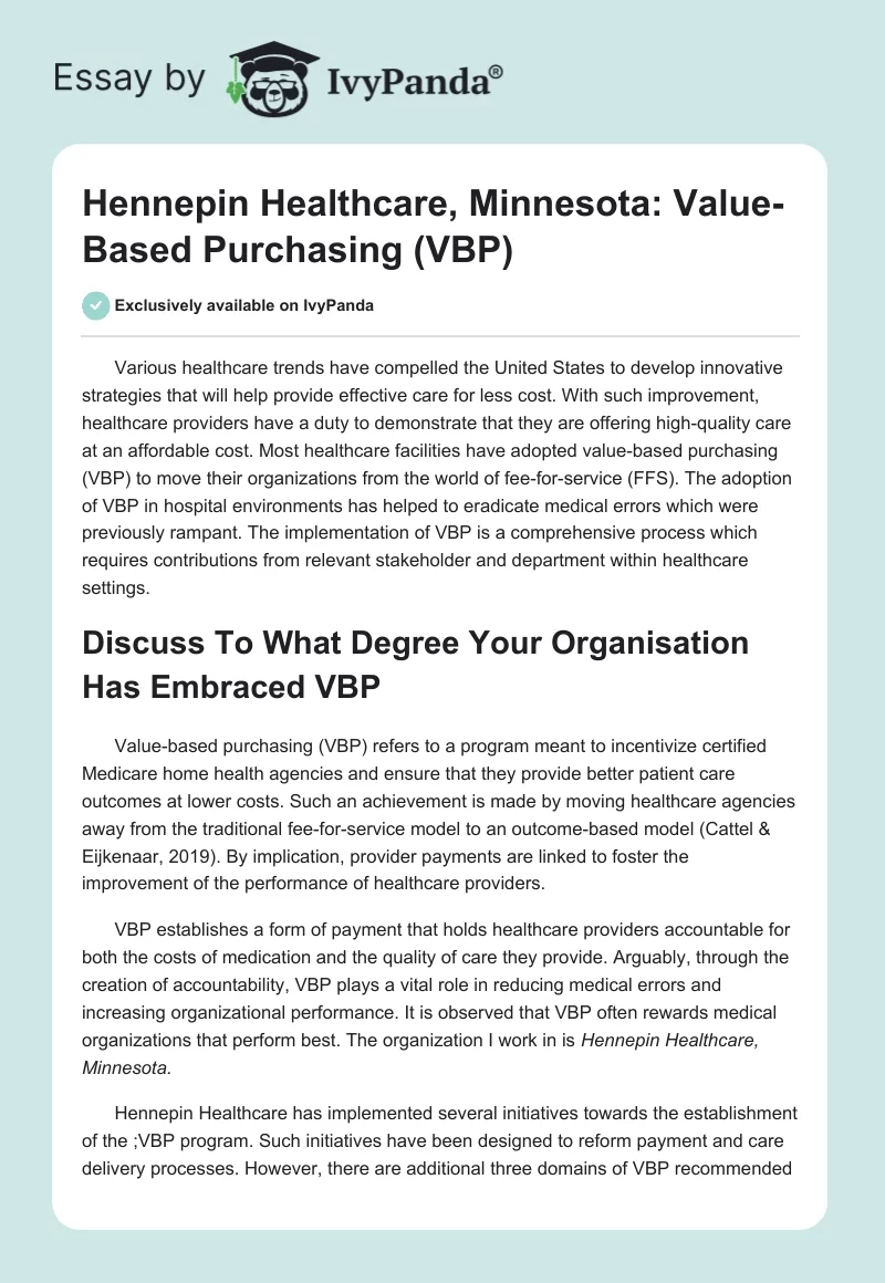 Hennepin Healthcare, Minnesota: Value-Based Purchasing (VBP). Page 1