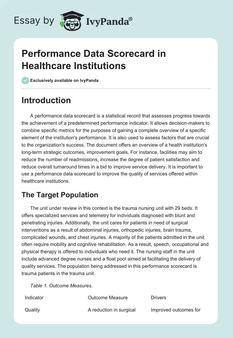 Performance Data Scorecard in Healthcare Institutions. Page 1