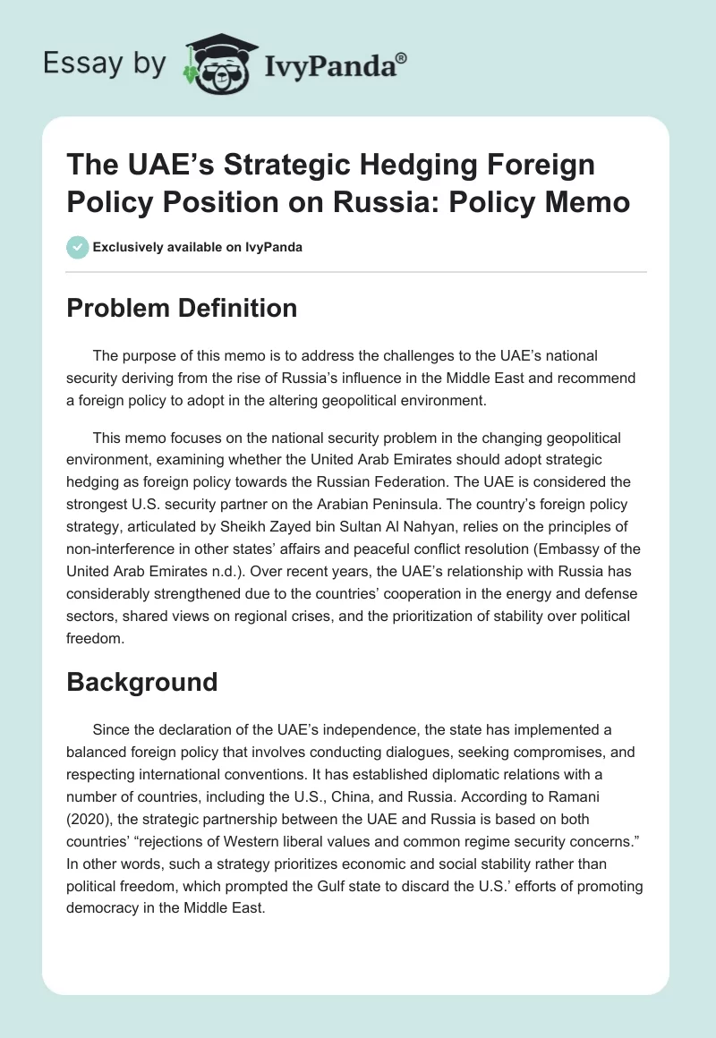 The UAE’s Strategic Hedging Foreign Policy Position on Russia: Policy Memo. Page 1