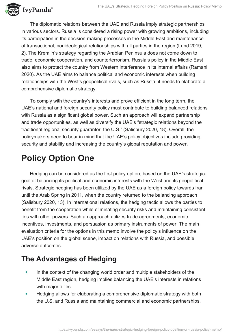 The UAE’s Strategic Hedging Foreign Policy Position on Russia: Policy Memo. Page 2