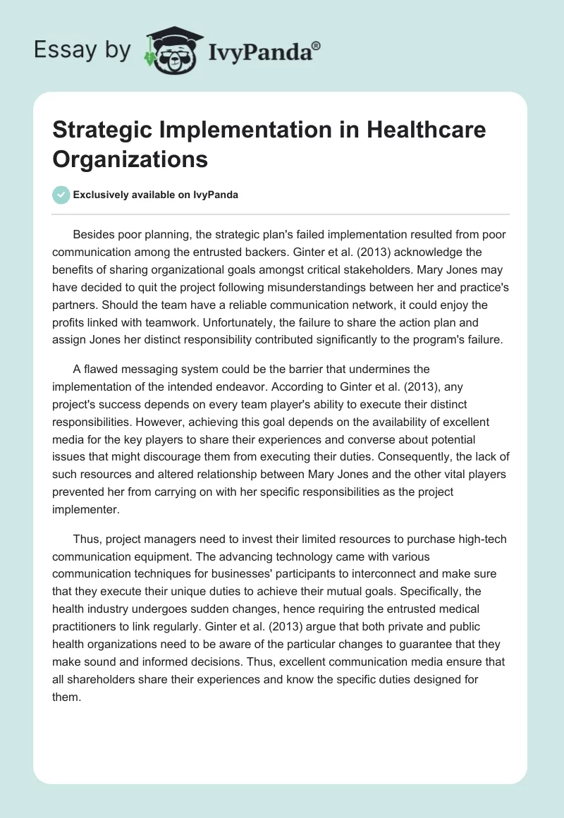 Strategic Implementation in Healthcare Organizations. Page 1