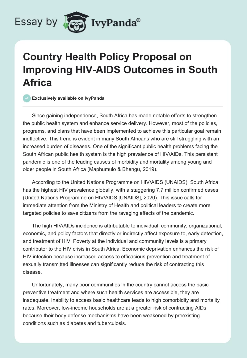 Country Health Policy Proposal on Improving HIV-AIDS Outcomes in South Africa. Page 1