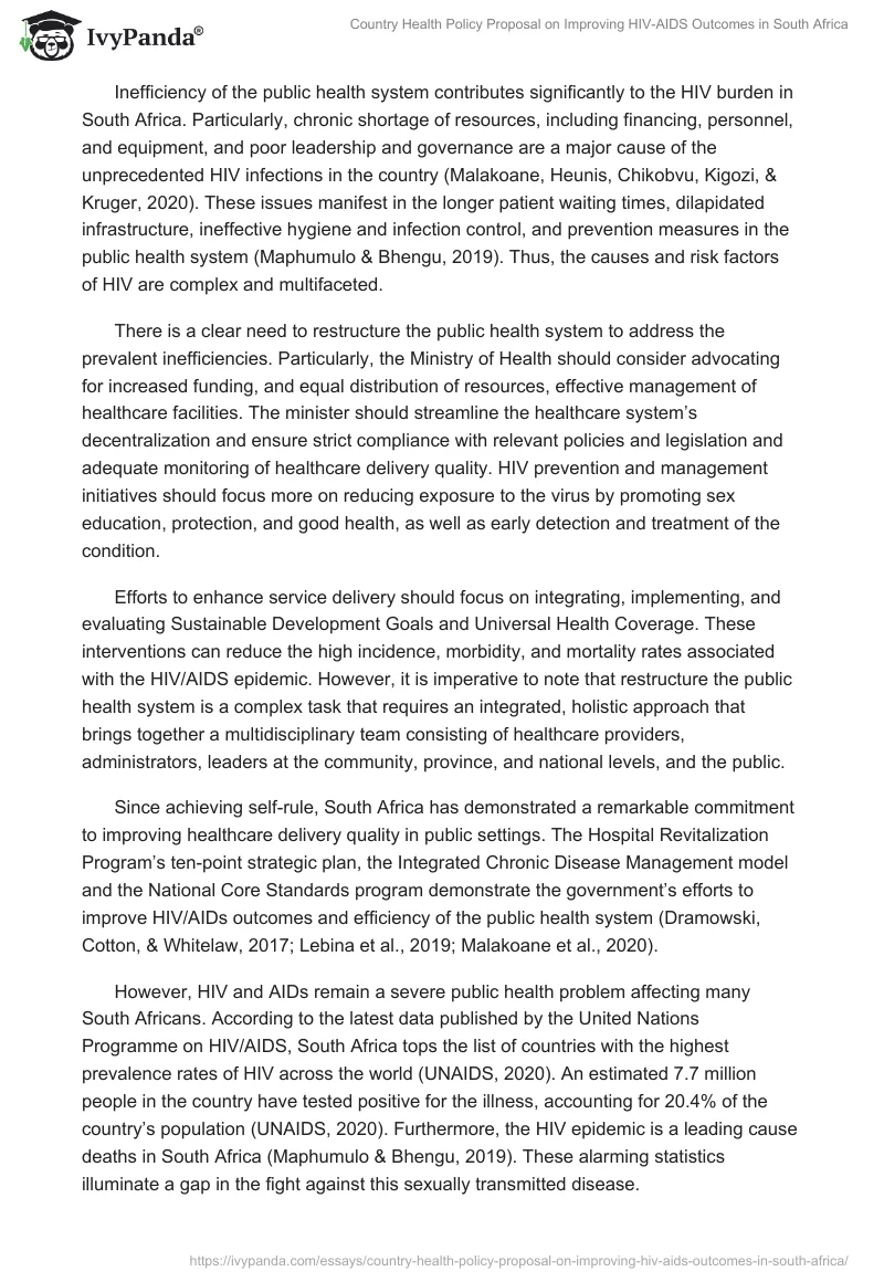 Country Health Policy Proposal on Improving HIV-AIDS Outcomes in South Africa. Page 2