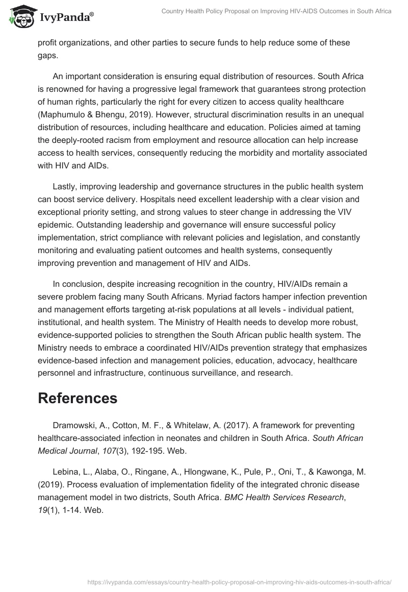 Country Health Policy Proposal on Improving HIV-AIDS Outcomes in South Africa. Page 4