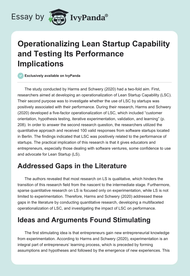 Operationalizing Lean Startup Capability and Testing Its Performance Implications. Page 1