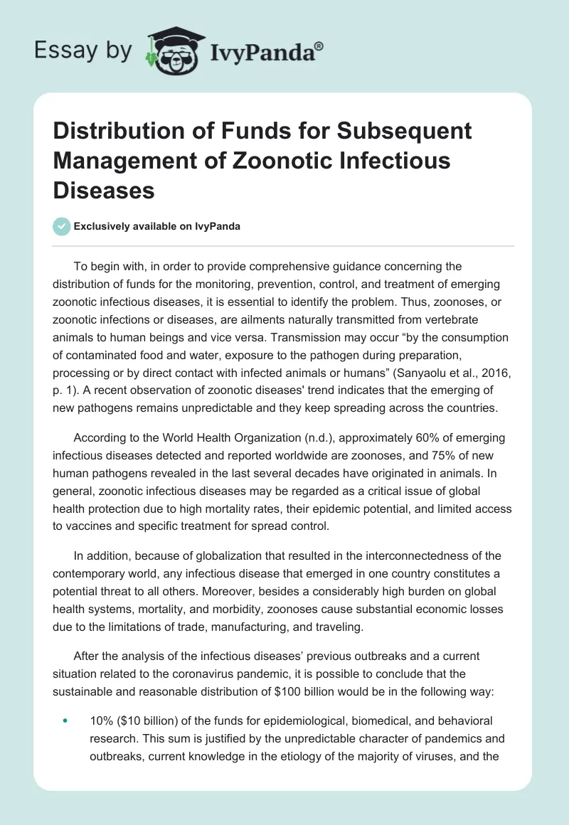 Distribution of Funds for Subsequent Management of Zoonotic Infectious Diseases. Page 1