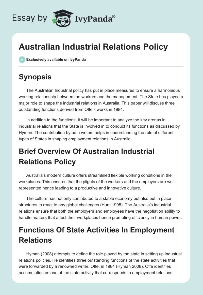 Australian Industrial Relations Policy. Page 1