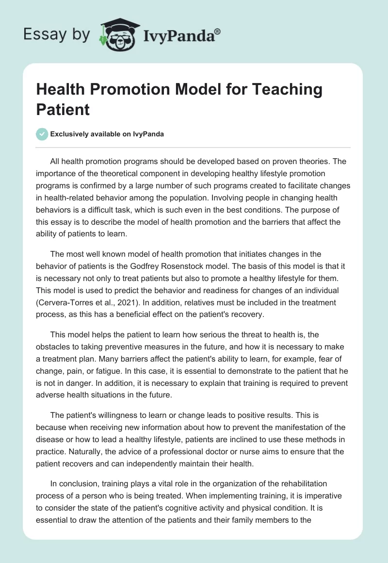 Health Promotion Model for Teaching Patient. Page 1
