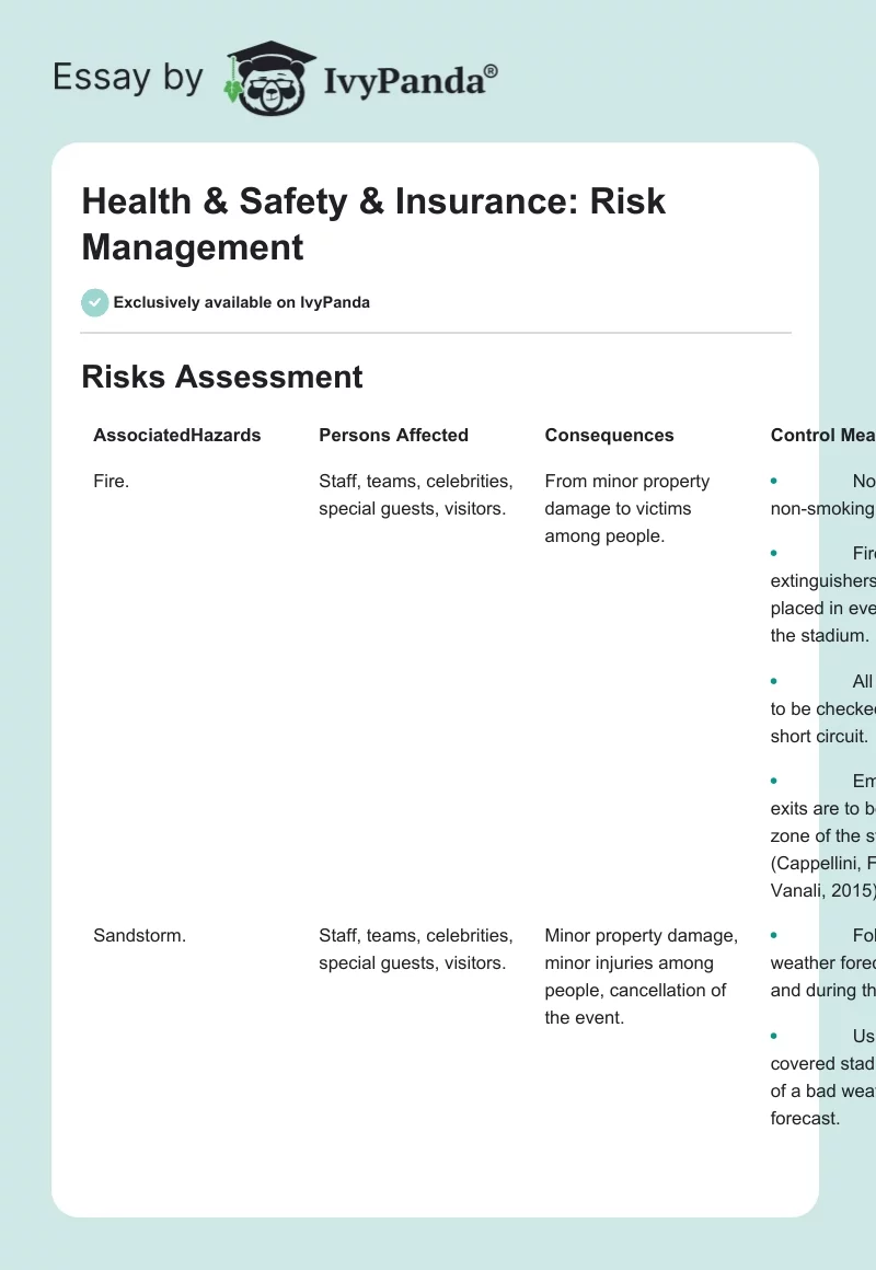 Health & Safety & Insurance: Risk Management. Page 1
