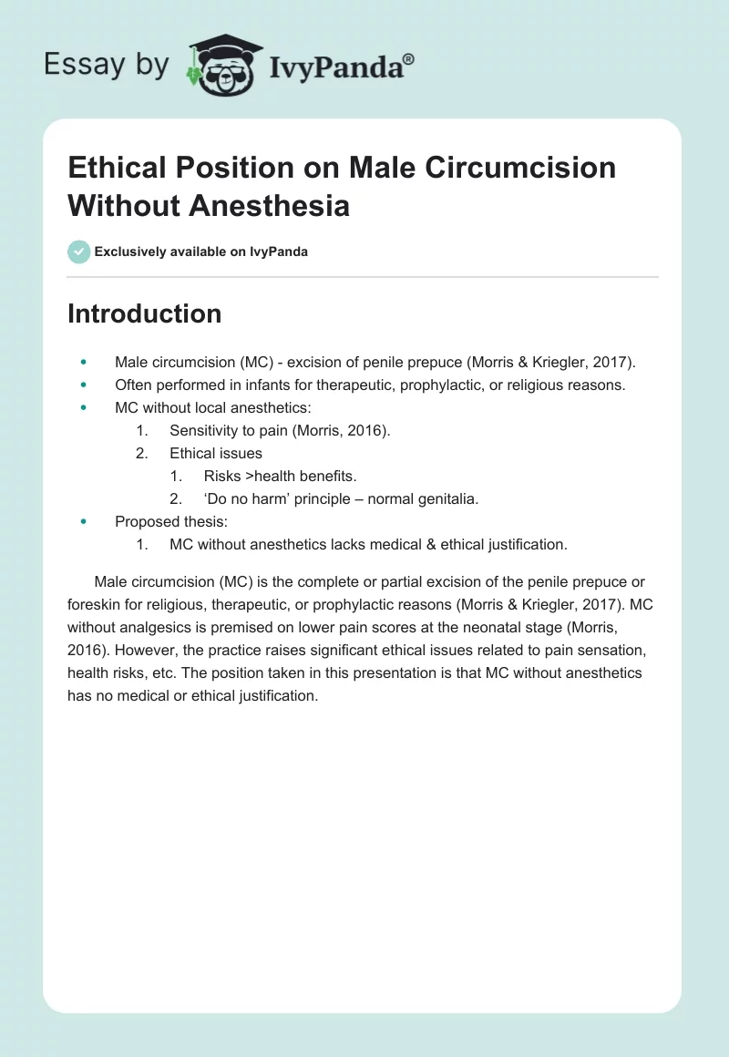 Ethical Position on Male Circumcision Without Anesthesia. Page 1
