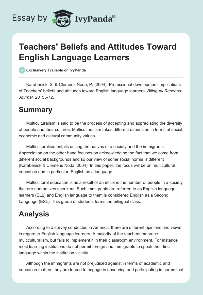 Teachers' Beliefs and Attitudes Toward English Language Learners. Page 1