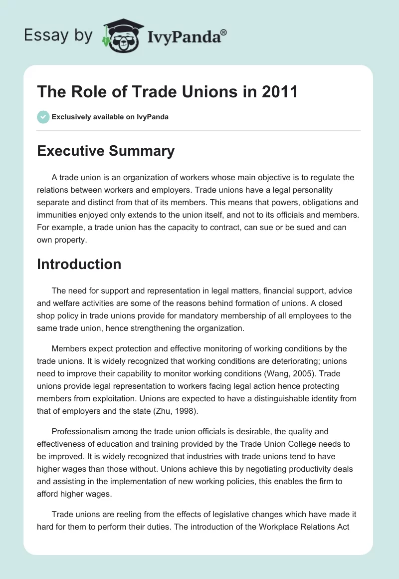 The Role of Trade Unions in 2011 - 483 Words