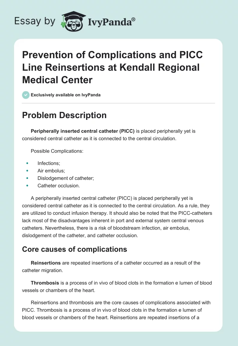 Prevention of Complications and PICC Line Reinsertions at Kendall Regional Medical Center. Page 1