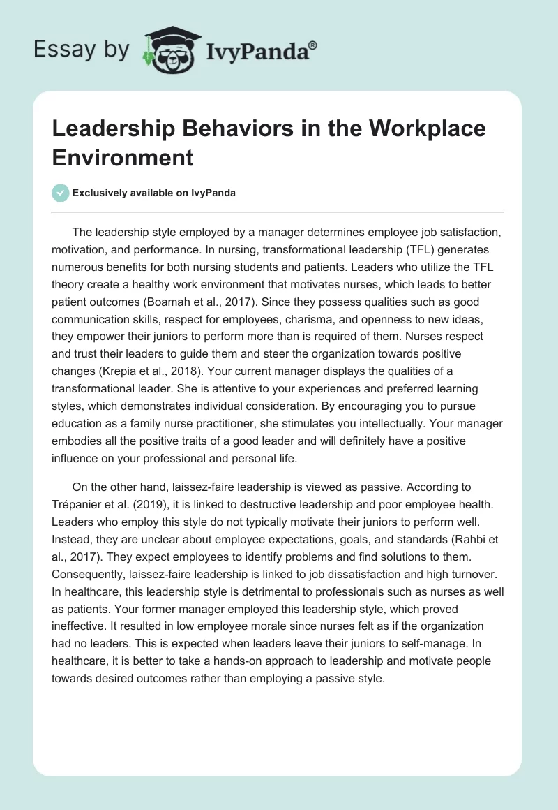 Leadership Behaviors in the Workplace Environment. Page 1