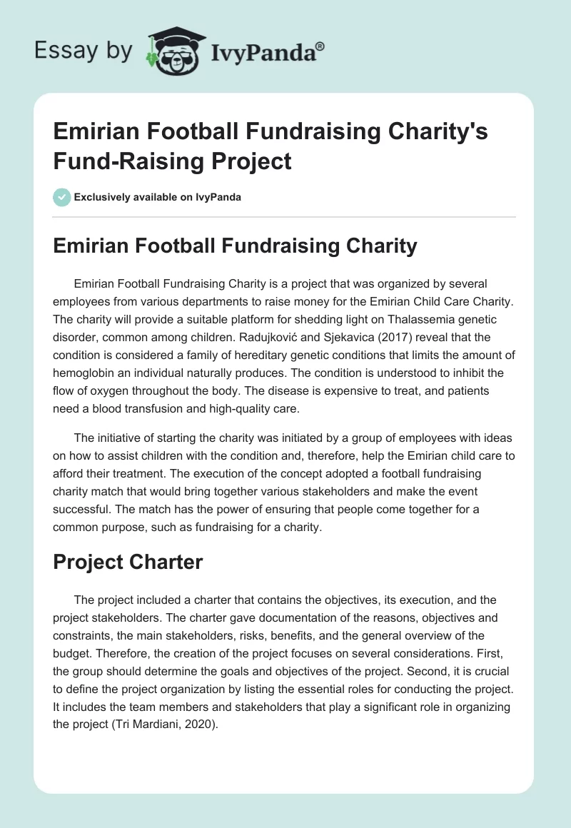 Emirian Football Fundraising Charity's Fund-Raising Project. Page 1
