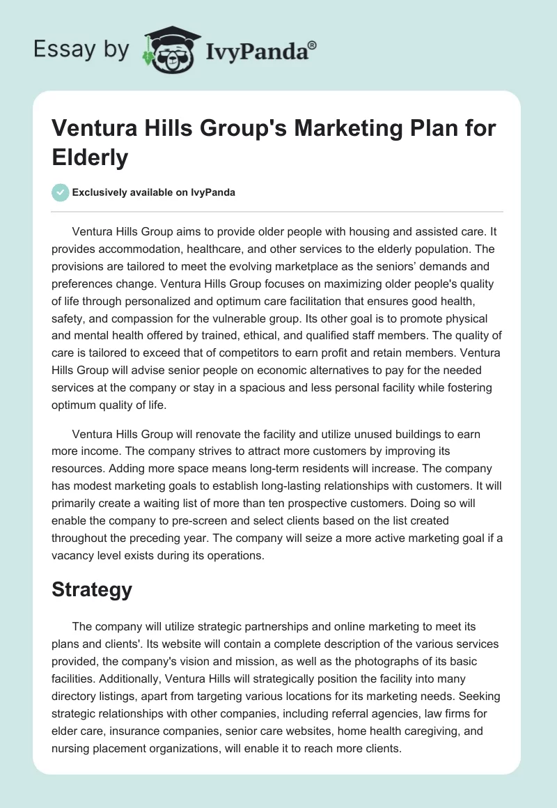 Ventura Hills Group's Marketing Plan for Elderly. Page 1