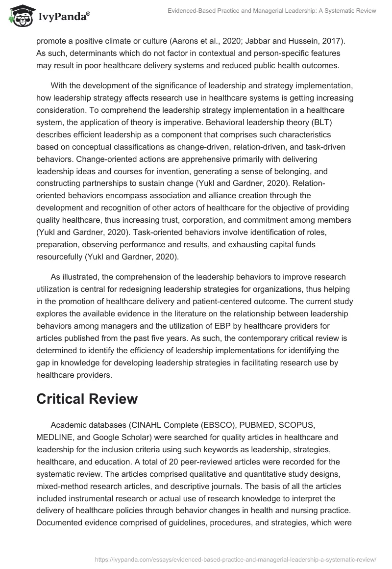 Evidenced-Based Practice and Managerial Leadership: A Systematic Review. Page 2