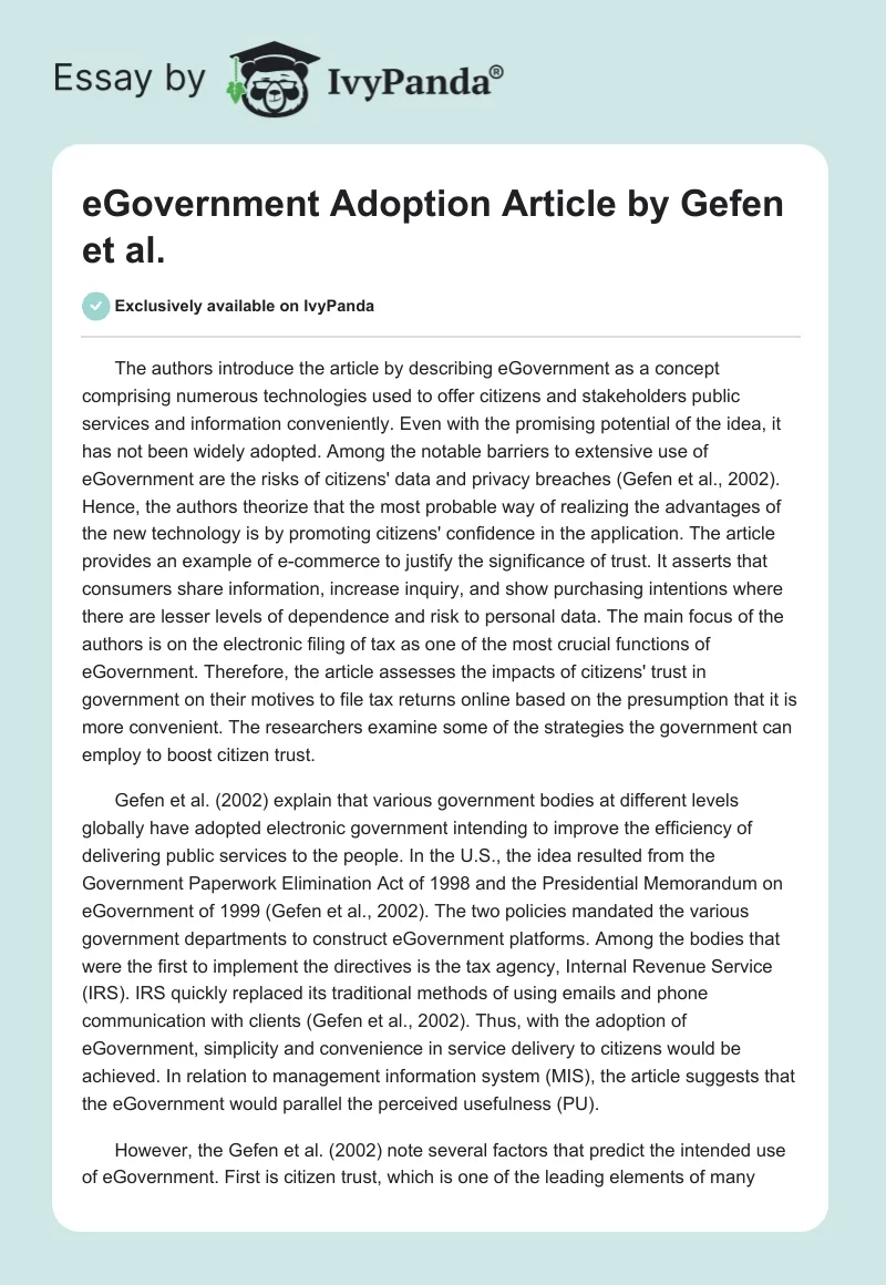 "eGovernment Adoption" Article by Gefen et al.. Page 1