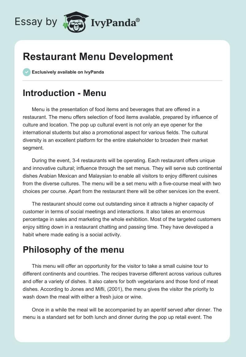 Restaurant Menu Development. Page 1