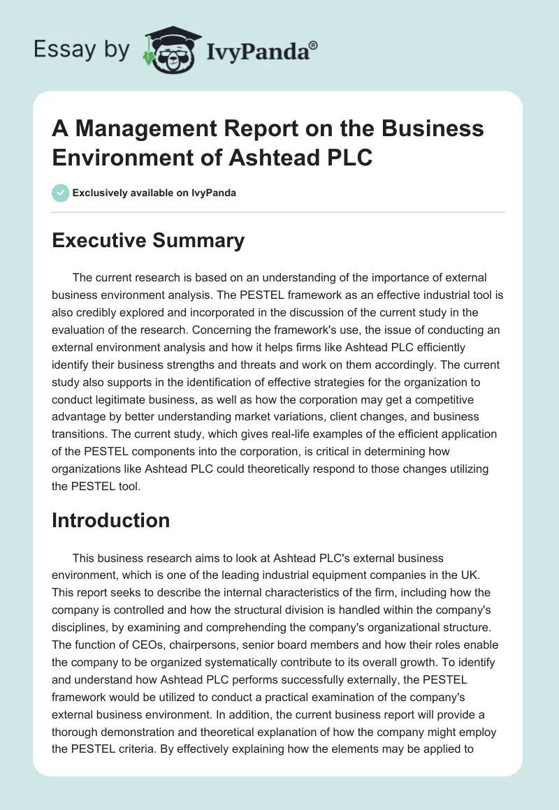 A Management Report on the Business Environment of Ashtead PLC. Page 1