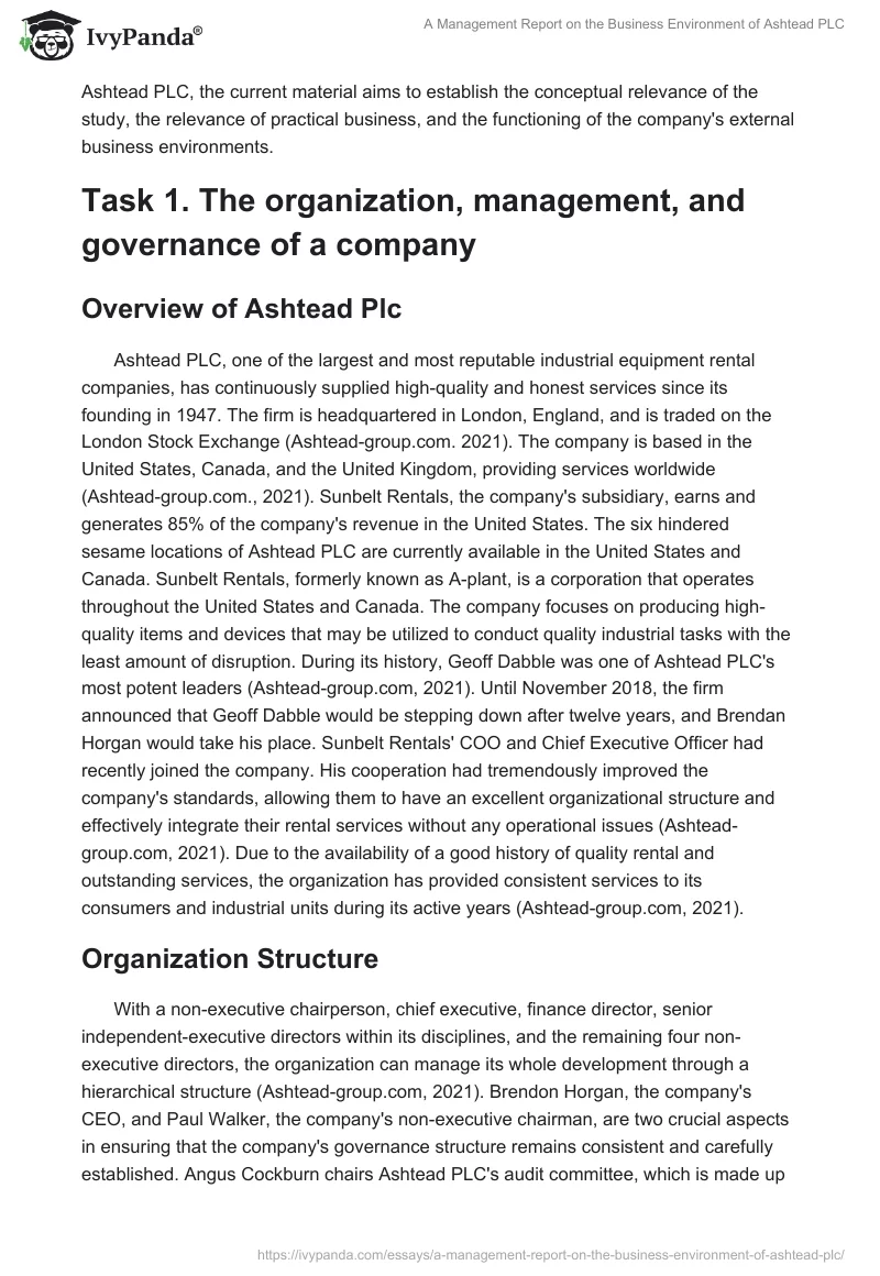A Management Report on the Business Environment of Ashtead PLC. Page 2