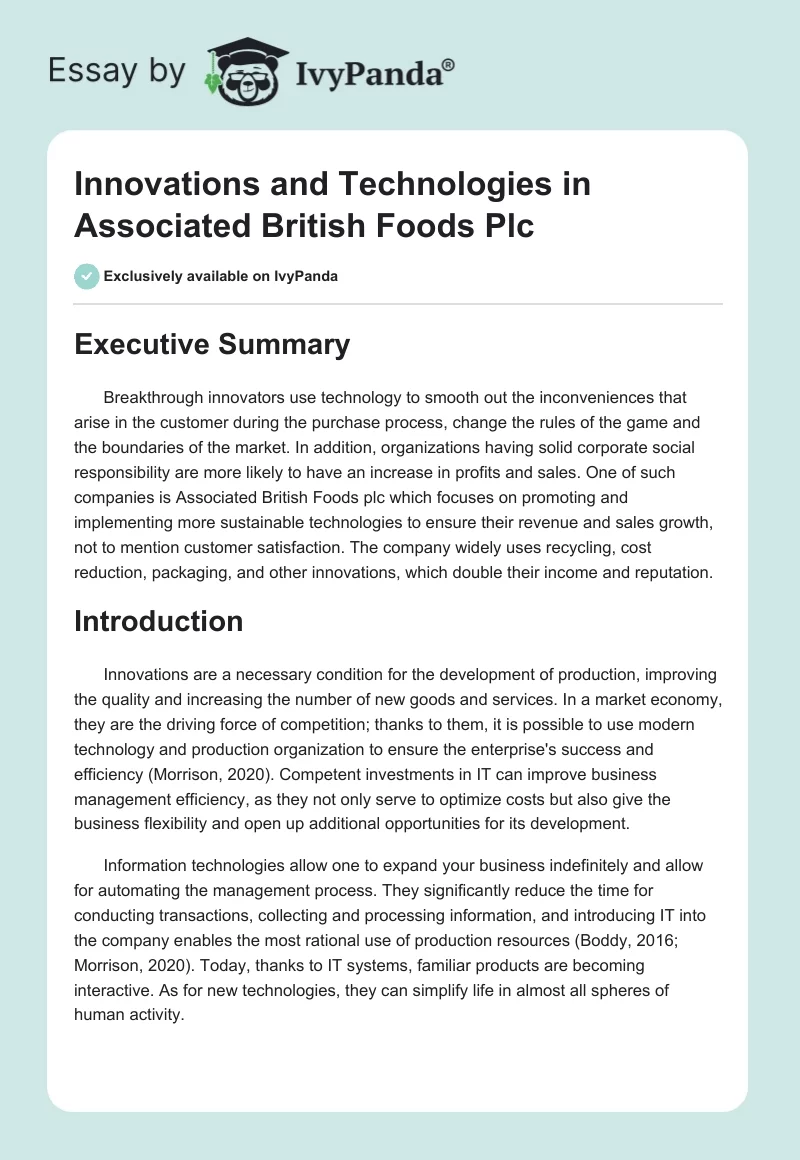 Innovations and Technologies in Associated British Foods Plc. Page 1