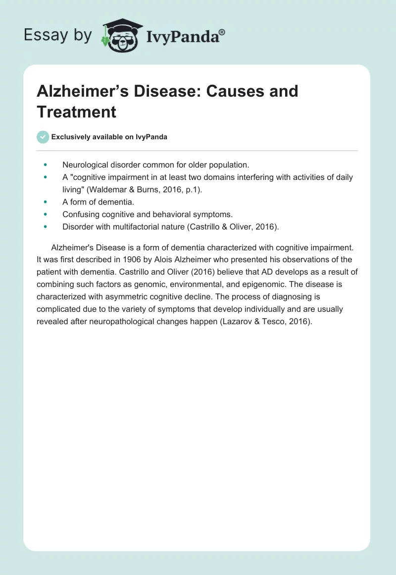 Alzheimer’s Disease: Causes and Treatment. Page 1