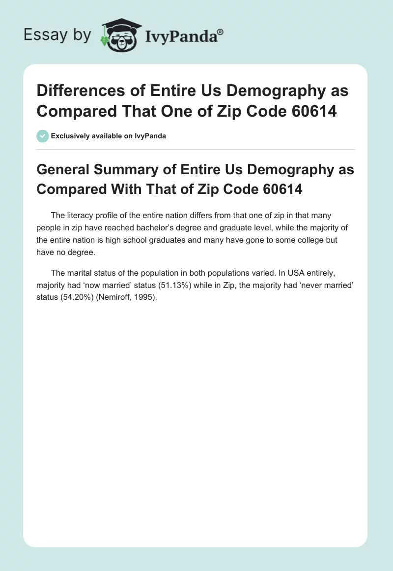 Differences of Entire Us Demography as Compared That One of Zip Code 60614. Page 1