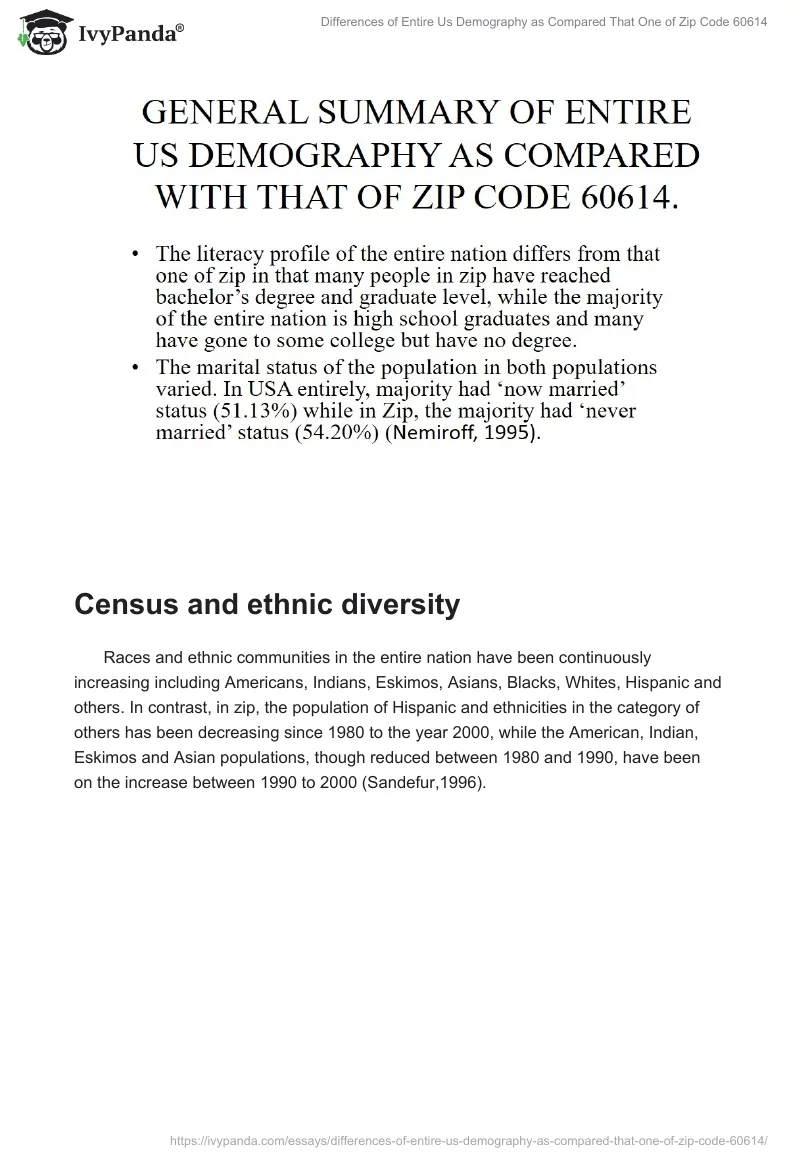 Differences of Entire Us Demography as Compared That One of Zip Code 60614. Page 2