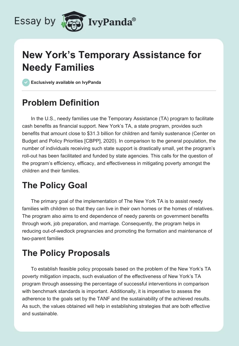 New York’s Temporary Assistance for Needy Families. Page 1