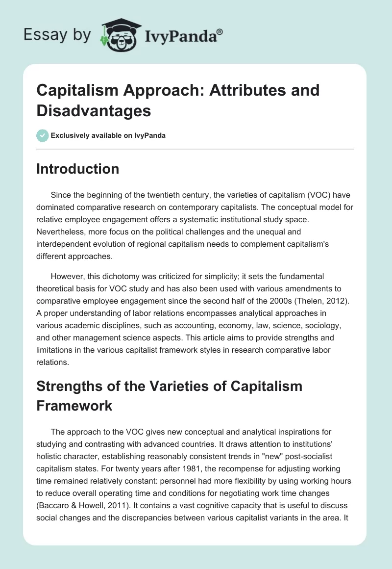 Capitalism Approach: Attributes and Disadvantages. Page 1
