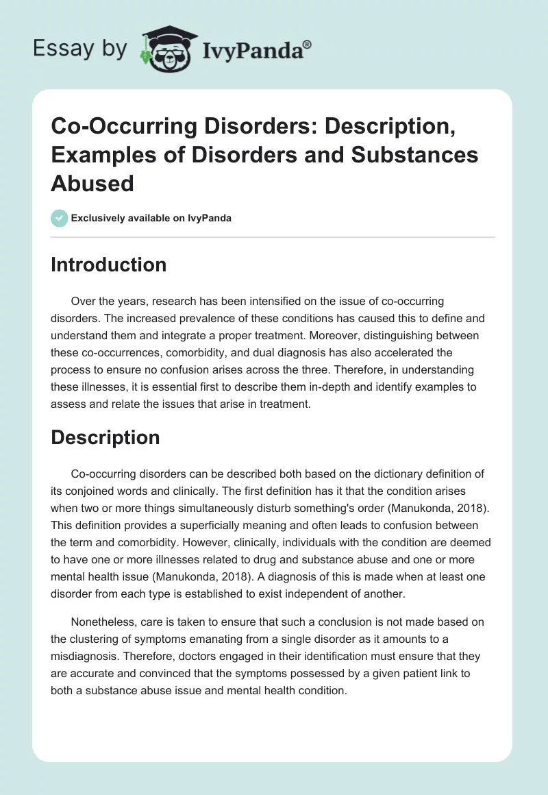 Co-Occurring Disorders: Description, Examples of Disorders and Substances Abused. Page 1