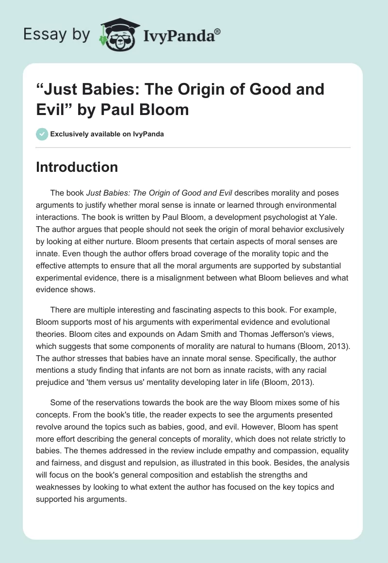 “Just Babies: The Origin of Good and Evil” by Paul Bloom. Page 1