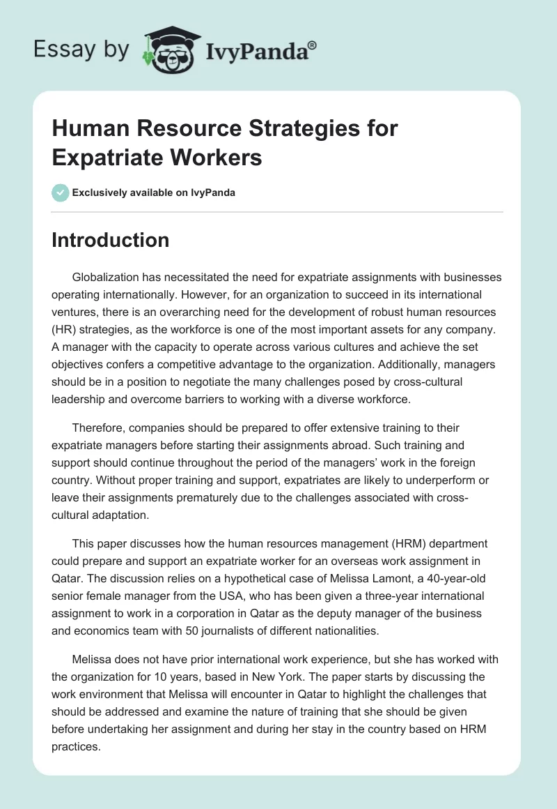 Human Resource Strategies for Expatriate Workers. Page 1