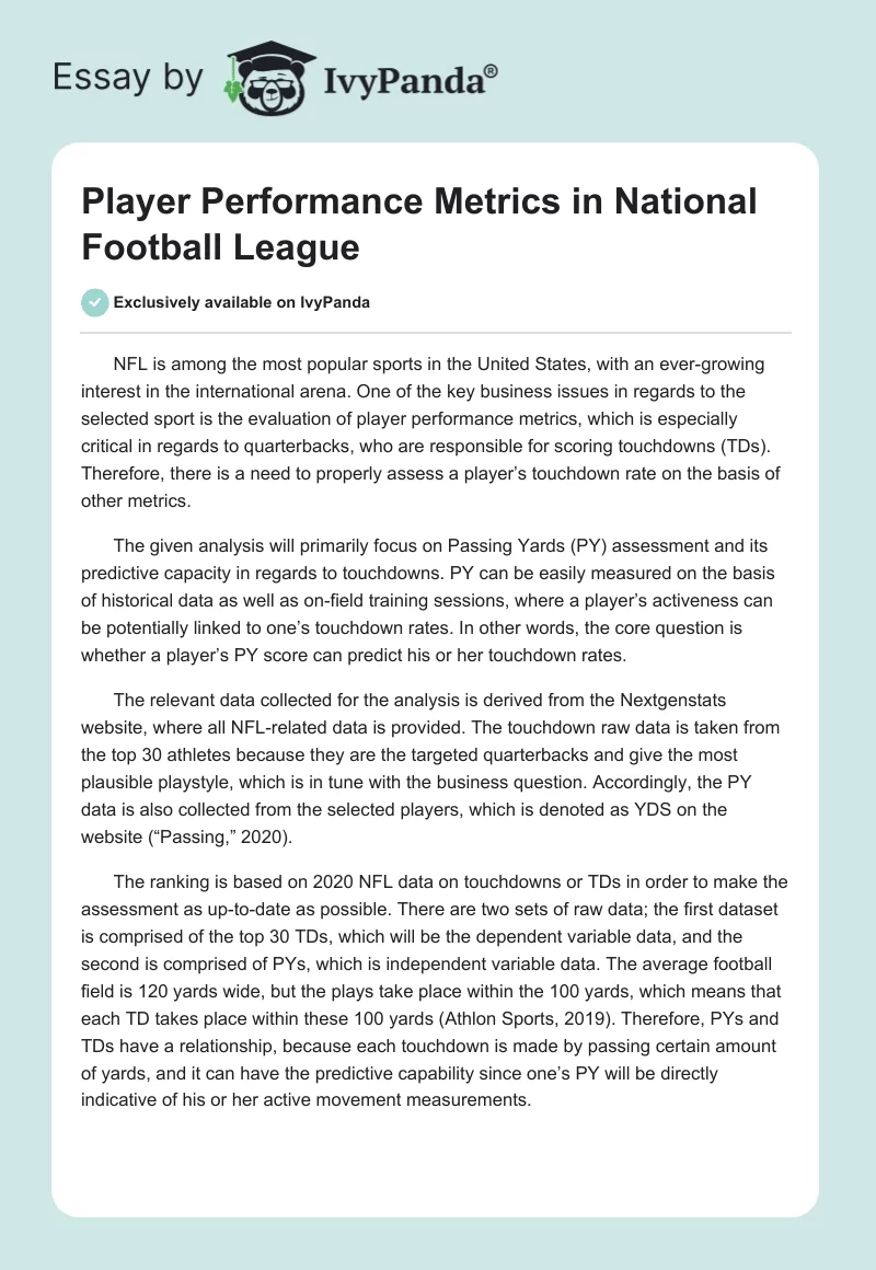 Player Performance Metrics in National Football League. Page 1