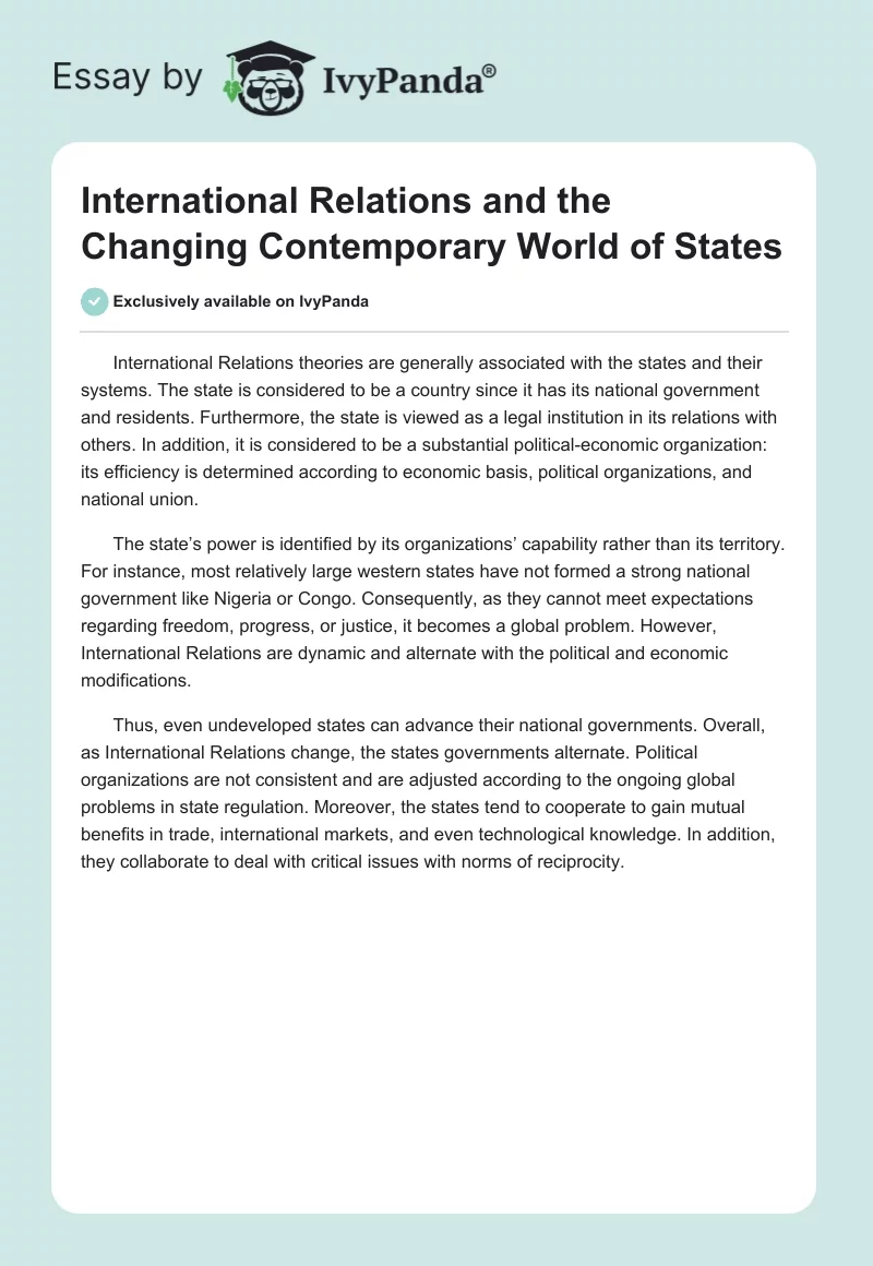 International Relations and the Changing Contemporary World of States ...